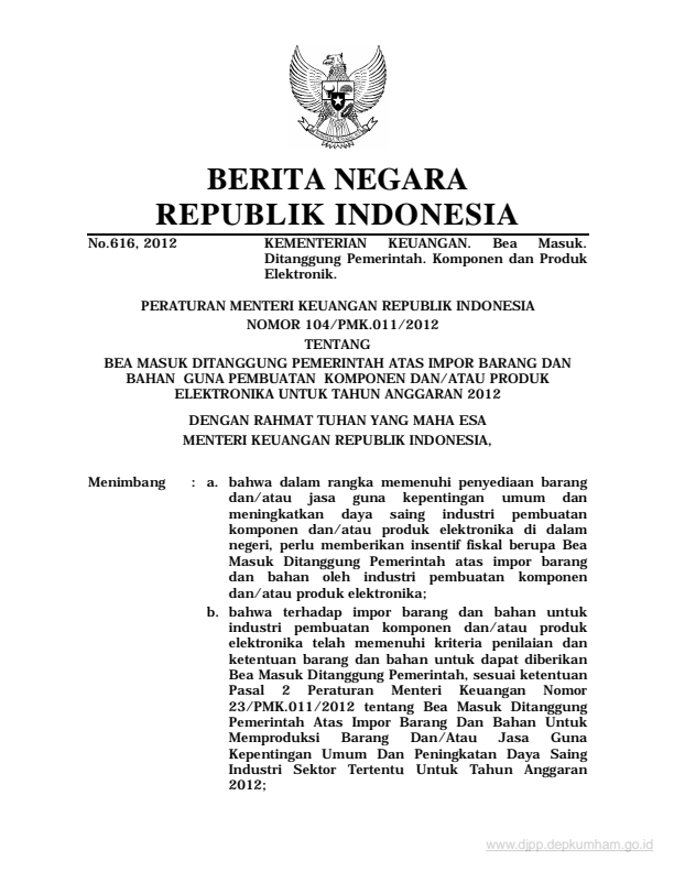 Peraturan Menteri Keuangan Nomor 104/PMK.011/2012