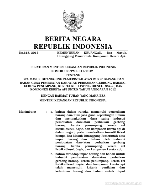 Peraturan Menteri Keuangan Nomor 106/PMK.011/2012