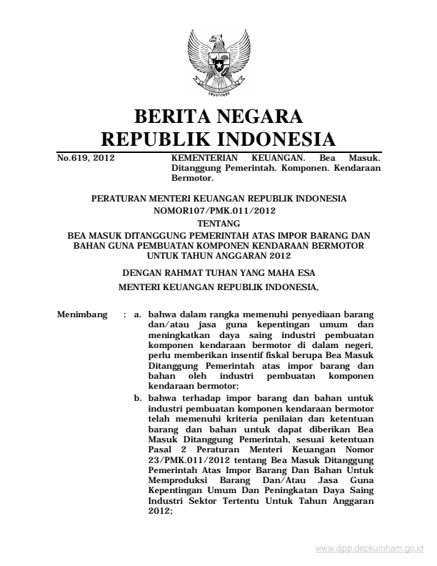 Peraturan Menteri Keuangan Nomor 107/PMK.011/2012