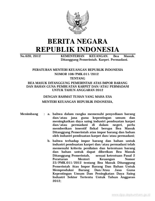 Peraturan Menteri Keuangan Nomor 108/PMK.011/2012