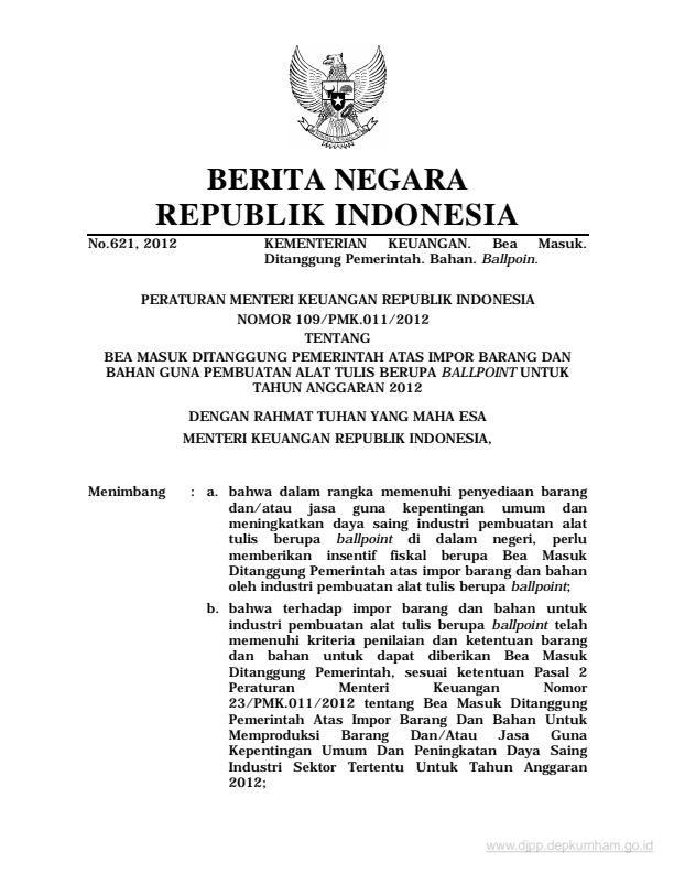 Peraturan Menteri Keuangan Nomor 109/PMK.011/2012