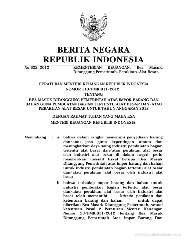 Peraturan Menteri Keuangan Nomor 110/PMK.011/2012