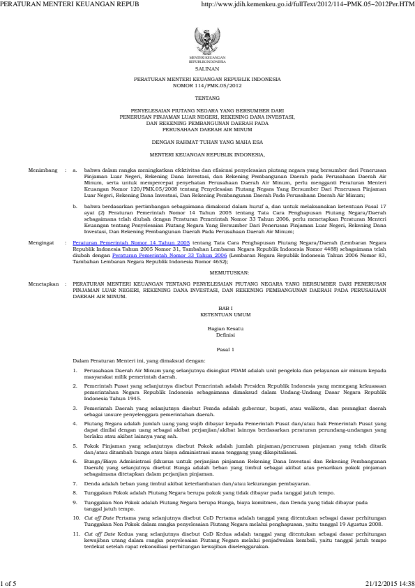Peraturan Menteri Keuangan Nomor 114/PMK.05/2012