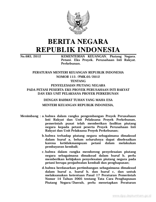 Peraturan Menteri Keuangan Nomor 115/PMK.05/2012