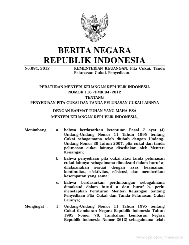 Peraturan Menteri Keuangan Nomor 116/PMK.04/2012