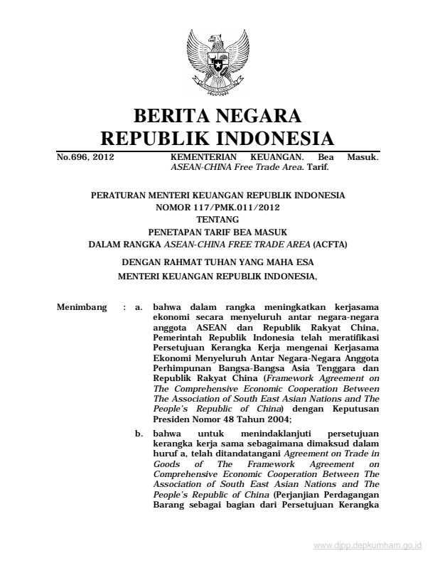 Peraturan Menteri Keuangan Nomor 117/PMK.011/2012