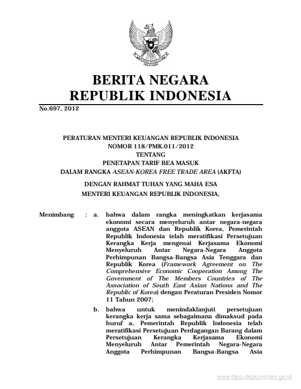 Peraturan Menteri Keuangan Nomor 118/PMK.011/2012