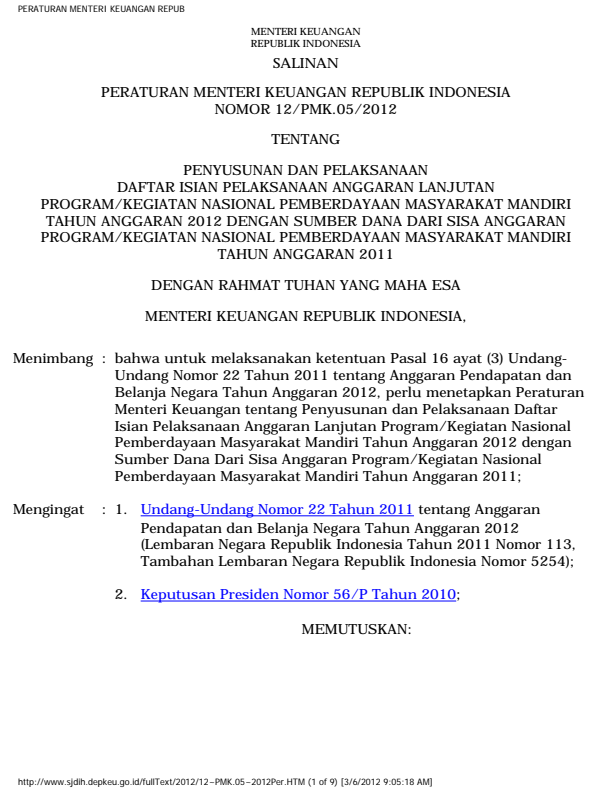 Peraturan Menteri Keuangan Nomor 12/PMK.05/2012