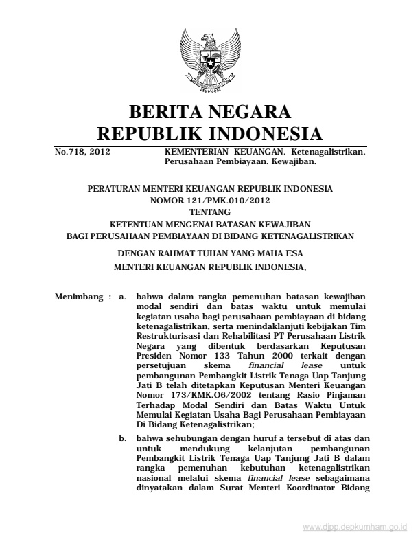 Peraturan Menteri Keuangan Nomor 121/PMK.010/2012