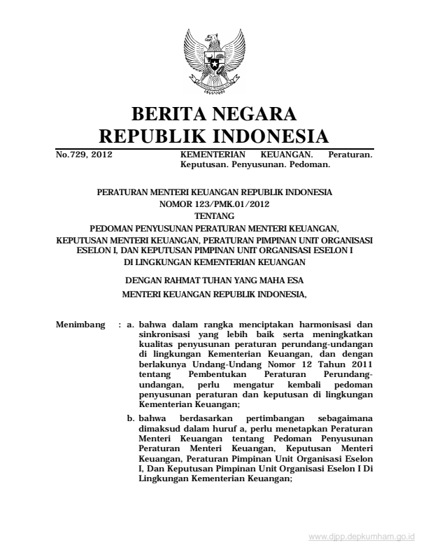 Peraturan Menteri Keuangan Nomor 123/PMK.01/2012