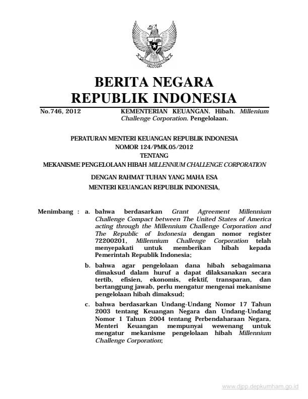 Peraturan Menteri Keuangan Nomor 124/PMK.05/2012