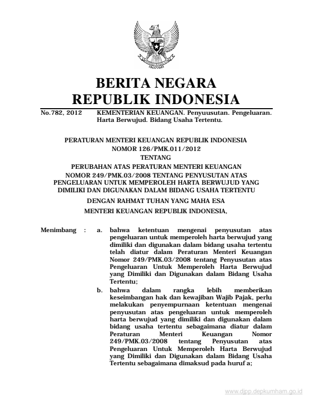 Peraturan Menteri Keuangan Nomor 126/PMK.011/2012