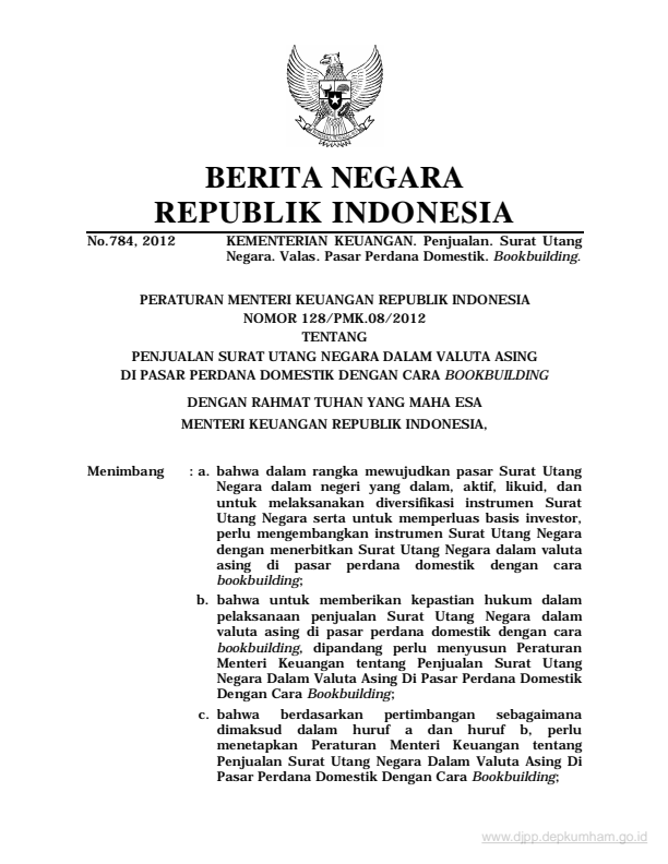 Peraturan Menteri Keuangan Nomor 128/PMK.08/2012