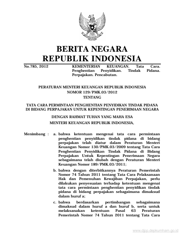 Peraturan Menteri Keuangan Nomor 129/PMK.03/2012