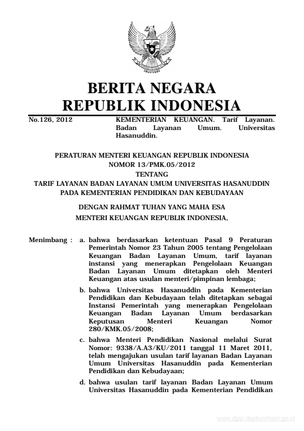 Peraturan Menteri Keuangan Nomor 13/PMK.05/2012