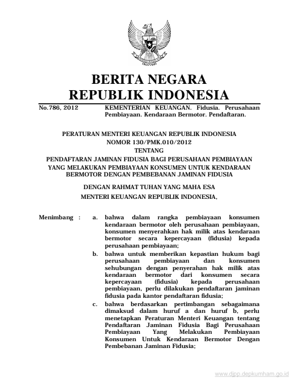 Peraturan Menteri Keuangan Nomor 130/PMK.010/2012