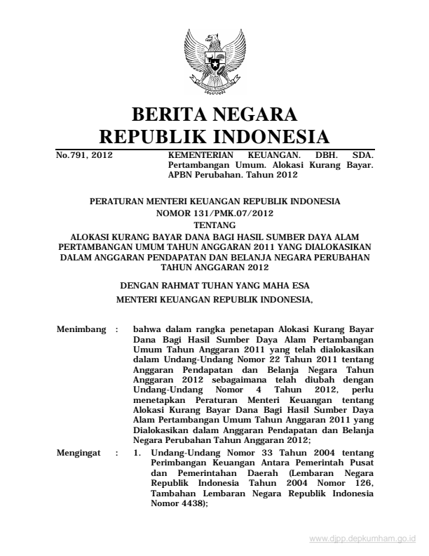 Peraturan Menteri Keuangan Nomor 131/PMK.07/2012