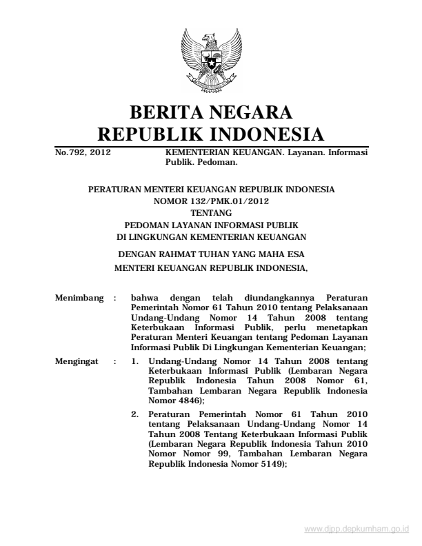 Peraturan Menteri Keuangan Nomor 132/PMK.01/2012