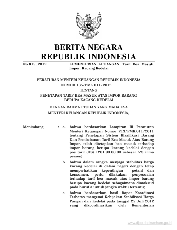 Peraturan Menteri Keuangan Nomor 135/PMK.011/2012