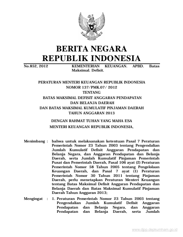 Peraturan Menteri Keuangan Nomor 137/PMK.07/2012