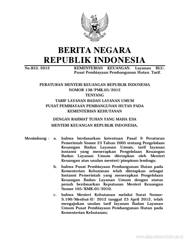 Peraturan Menteri Keuangan Nomor 138/PMK.05/2012