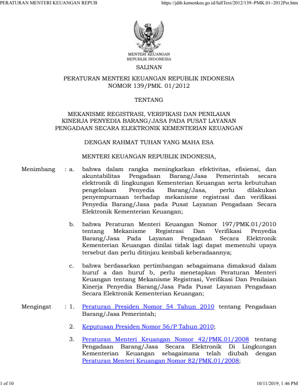 Peraturan Menteri Keuangan Nomor 139/PMK.01/2012