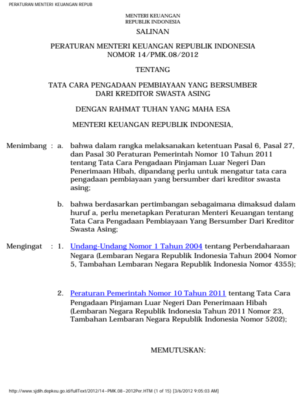 Peraturan Menteri Keuangan Nomor 14/PMK.08/2012