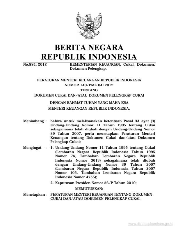 Peraturan Menteri Keuangan Nomor 140/PMK.04/2012