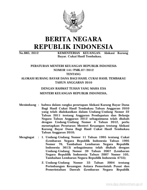 Peraturan Menteri Keuangan Nomor 141/PMK.07/2012