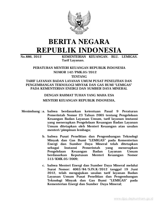 Peraturan Menteri Keuangan Nomor 142/PMK.05/2012