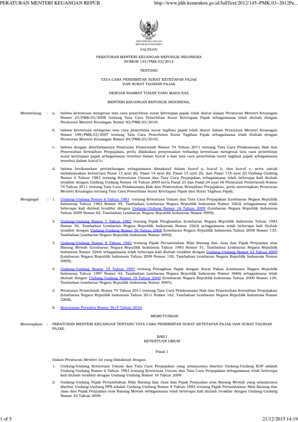 Peraturan Menteri Keuangan Nomor 145/PMK.03/2012