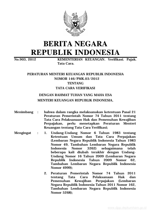 Peraturan Menteri Keuangan Nomor 146/PMK.03/2012