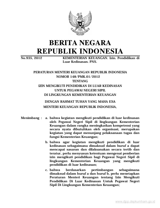 Peraturan Menteri Keuangan Nomor 148/PMK.01/2012