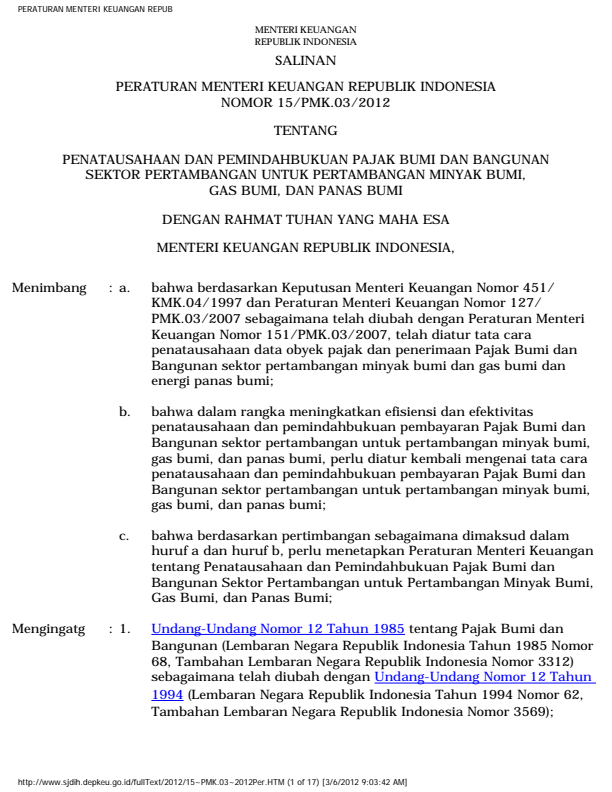 Peraturan Menteri Keuangan Nomor 15/PMK.03/2012