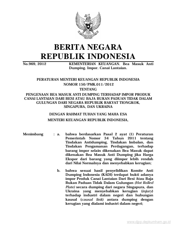 Peraturan Menteri Keuangan Nomor 150/PMK.011/2012