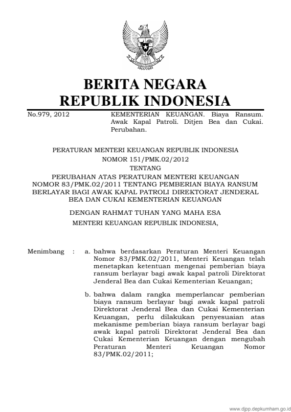 Peraturan Menteri Keuangan Nomor 151/PMK.02/2012