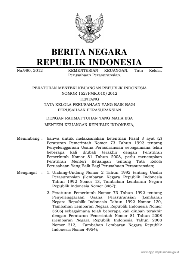 Peraturan Menteri Keuangan Nomor 152/PMK.010/2012