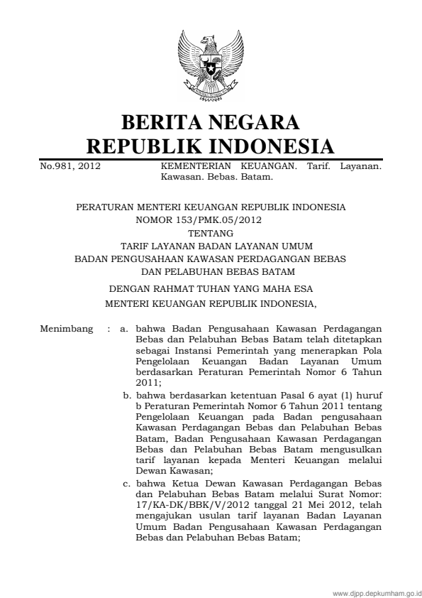 Peraturan Menteri Keuangan Nomor 153/PMK.05/2012