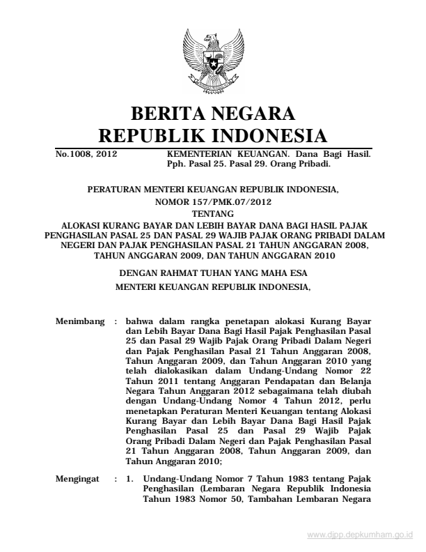 Peraturan Menteri Keuangan Nomor 157/PMK.07/2012