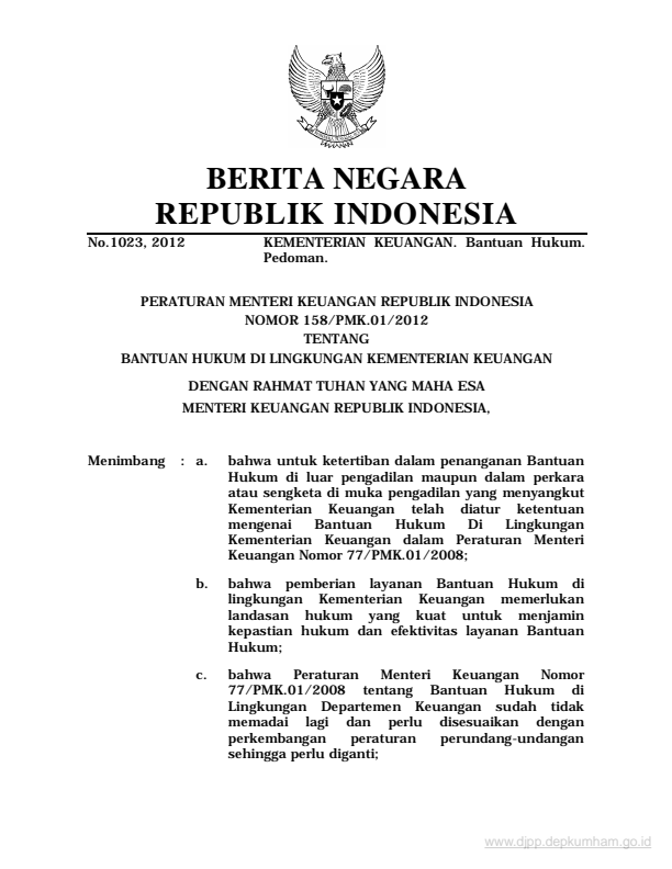 Peraturan Menteri Keuangan Nomor 158/PMK.01/2012