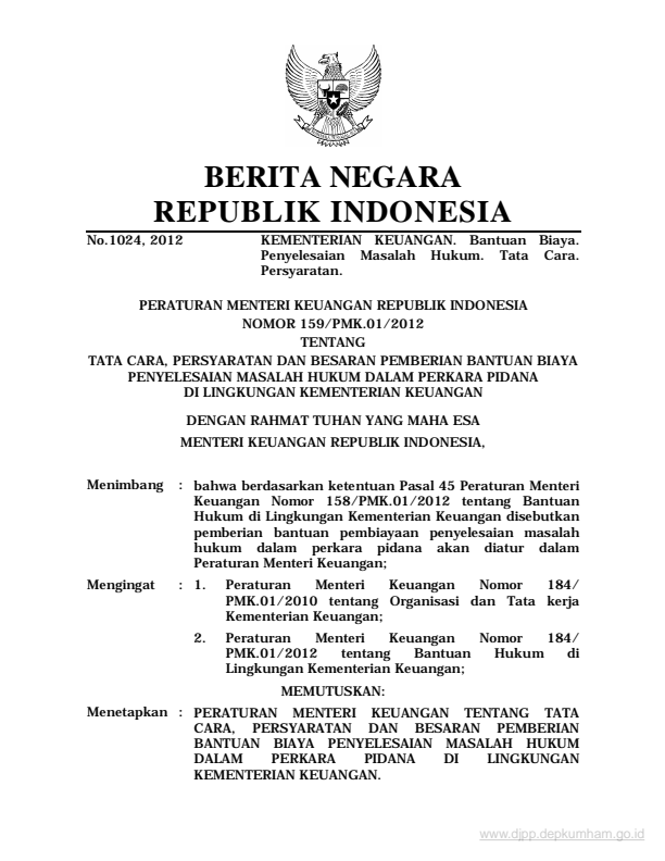 Peraturan Menteri Keuangan Nomor 159/PMK.01/2012