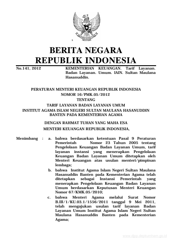 Peraturan Menteri Keuangan Nomor 16/PMK.05/2012