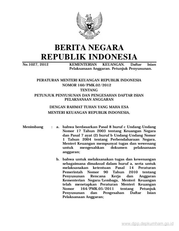 Peraturan Menteri Keuangan Nomor 160/PMK.02/2012