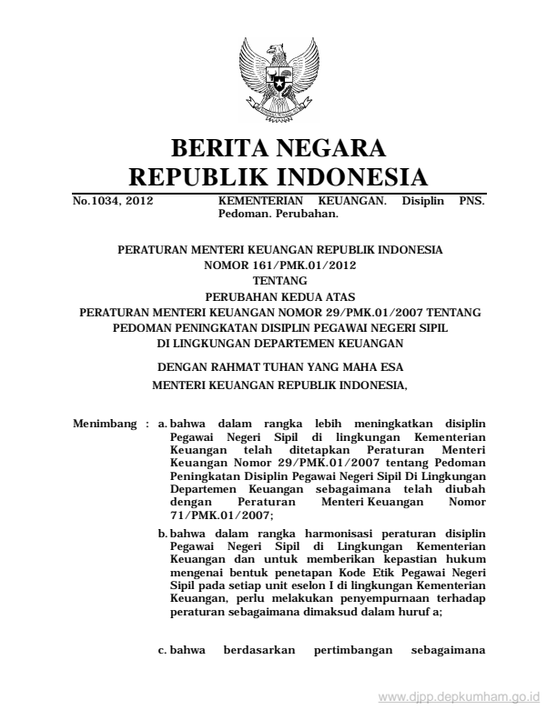 Peraturan Menteri Keuangan Nomor 161/PMK.01/2012