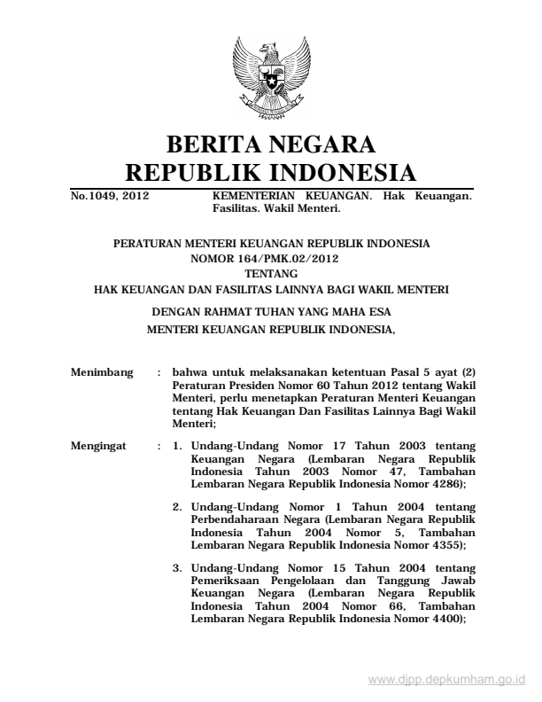 Peraturan Menteri Keuangan Nomor 164/PMK.02/2012