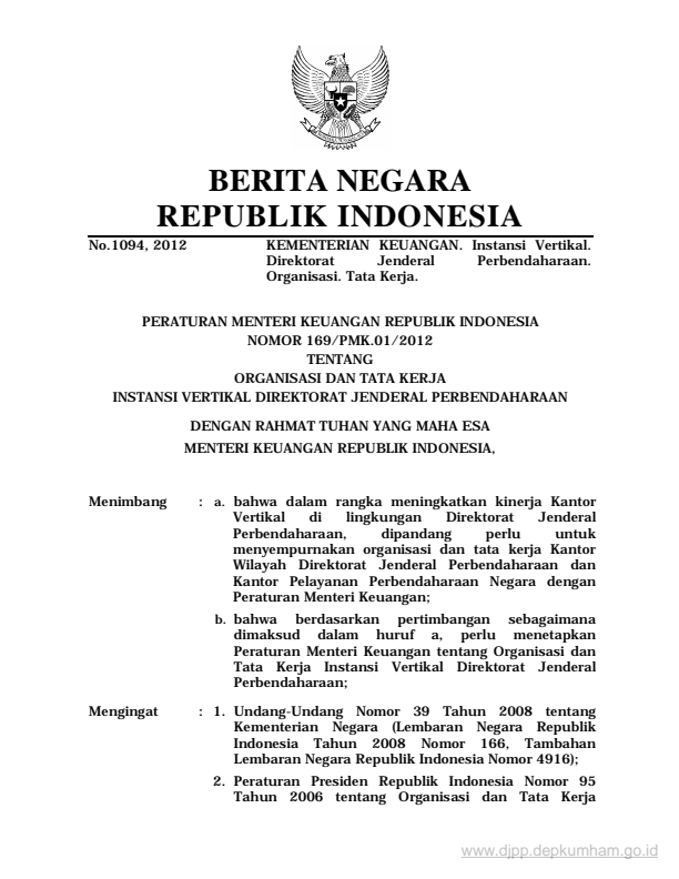 Peraturan Menteri Keuangan Nomor 169/PMK.01/2012