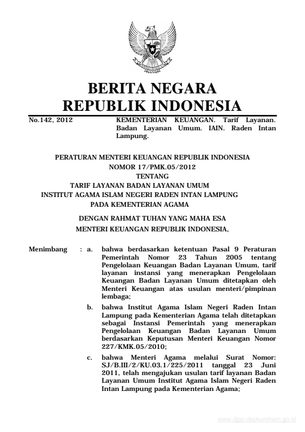 Peraturan Menteri Keuangan Nomor 17/PMK.05/2012