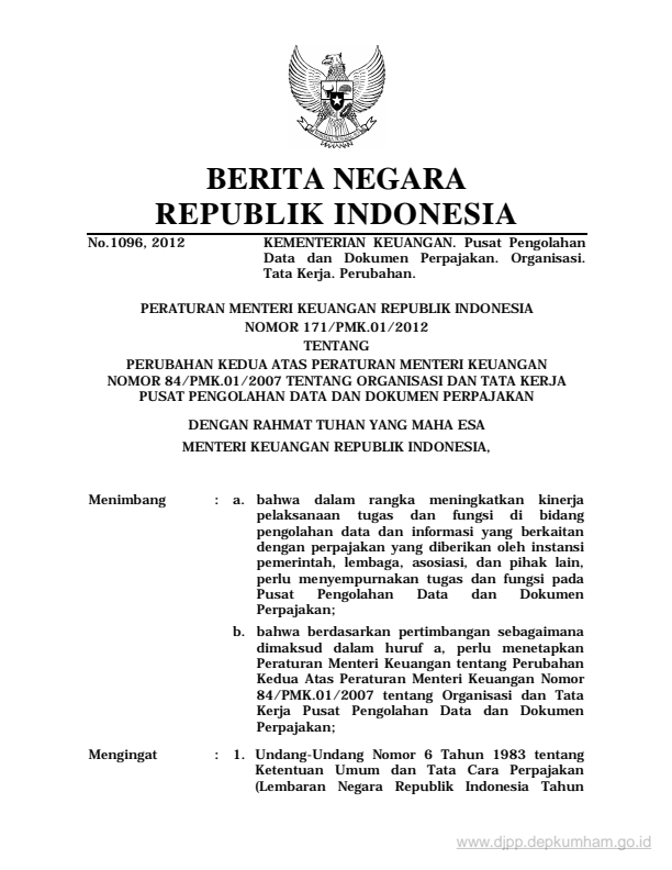 Peraturan Menteri Keuangan Nomor 171/PMK.01/2012