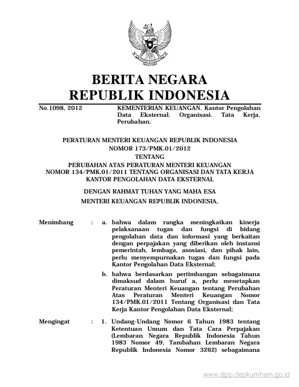 Peraturan Menteri Keuangan Nomor 173/PMK.01/2012