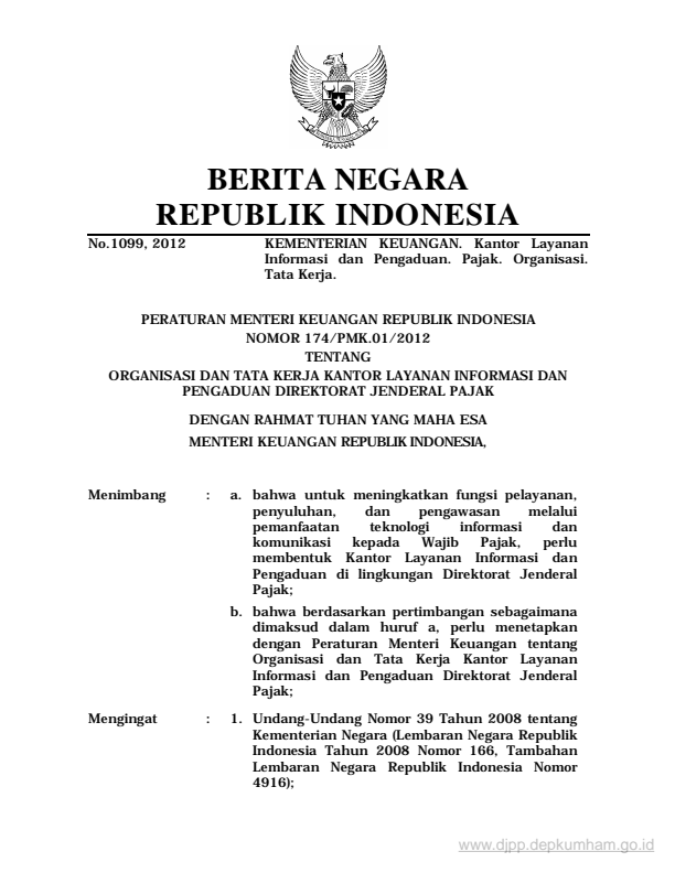 Peraturan Menteri Keuangan Nomor 174/PMK.01/2012